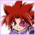 Pixelated anime-style character with spiky red hair and pink eyes, wearing a purple garment, displayed in four -aligned