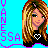 Pixelated static buddy icon featuring a cartoon woman with long brown hair against cyan background, purple text on left side, and heart symbol on black shirt.