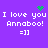 Purple background with white text reading "I love you Annaboo! =]" repeated twice, green pixelated heart and star symbols above the text.