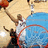 Pixelated basketball game scene with player in white jersey near hoop, red text overlays on black background.