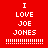 Four display pixelated text "I LOVE JOE JONES" with exclamation marks on red, dark red, black, and maroon backgrounds