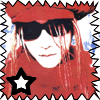 Animated contact sheet of a person with long red hair wearing sunglasses and a red headscarf, each frame featuring a different colored star symbol in the lower-left corner.