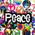 Colorful collage of peace symbols with 'Peace' text overlay; grayscale circular 'Love' icon; three black symbols on light background.