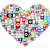 Heart-shaped pixel mosaic composed of multicolored squares with scattered black and white symbols, red rectangular elements, and a central pink area.