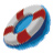 Pixelated circular icon with blue, white, and red sections resembling a life preserver or maritime symbol.