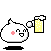 Pixel art animation of a white blob character with pink cheeks holding a yellow beer mug across four frames showing different poses and mug states.