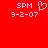 Red background with white pixelated text 'SPM' and date '9-2-07', one instance includes a heart symbol.