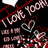 Black background with white pixelated text and red heart symbols, displaying romantic phrases in a static layout.