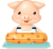 Pixel art pig character in swimwear holding a cookie-shaped float, shown in two animation frames with water splashes on the right frame.