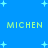 Blue background with light blue plus signs scattered across; three instances of the text 'MICHEN' in yellow-green pixelated font, each followed by a colon.