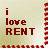 Pixelated text reads 'i love RENT' in dark brown letters on a light green and pink gradient background with red floral border elements.