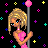 Pixel art contact sheet of animated buddy icons featuring blonde and brunette cartoon women in various poses with text overlays, some marked with red prohibition symbols on a starry background.
