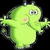 Pixelated green cartoon character with large eyes, pink cheeks, and outstretched arms against a black background.