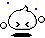 Pixelated white cloud-shaped character with closed eyes and a flat base, surrounded by blue squares and small white circles on gray background.