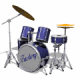 A blue and silver drum set with 'Factory' written on the bass drum, featuring cymbals in brown and yellow tones.