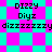 Pixelated text 'Dizzy' variations appear over shifting cyan and magenta geometric backgrounds with alternating square and diamond patterns.
