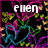 Pixelated icon with 'Frien' text above abstract floral and heart shapes in magenta, cyan, green, and yellow on black background.