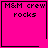 Four identical pink square icons with black borders display "M&M crew rocks" text; one icon has a heart symbol, another a starburst symbol.