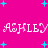 Pixelated text 'ASHLEY ASHLEY' repeats in two on a bright pink background with scattered cyan plus signs