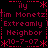 Red pixel text on black background forms a repeating of 'tim Monetz', 'Extreamly Neighbor', and date '10-7-07' with asterisks and dashes, arranged in four quadrants