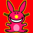 Pixelated pink bunny mascot with yellow nose and green outline on solid red background, static single-frame image.