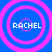 Four identical circular icons with pink concentric rings on a blue background, each containing the text RACHEL in white pixelated font.