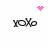 Four identical 'xoxo' text icons arranged in a with pink heart and starburst animations above and below