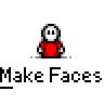 Animated contact sheet of a pixel art character in red shirt with white skull face performing various poses across 14 frames on gray background.