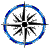 A circular compass rose with blue outer ring, black and white radial lines on gray background.