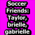 Six colored display text listing names of friends and groups, each with distinct background color and text style