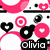 Pixelated pattern of pink circles, black hearts, and white dots on a white background with 'olivia' text in black rectangles.