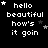 Black background with white pixelated text reading 'hello beautiful how's it goin' and small white stars scattered across the image.