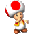 Pixelated character with red-and-white mushroom cap, yellow and red vest over white shirt, brown shoes, standing pose on gray background.