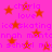 A static image with a bright pink background featuring scattered orange stars and repeated purple text phrases.
