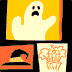 pixelated icons featuring a white ghost with black eyes and mouth on yellow background, orange witch hats, and abstract orange line art on light backgrounds