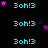 cyan '3oh!3' text with scattered pink and purple stars on a black background, featuring a gray rectangle in the bottom-right corner