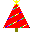 Red pixelated Christmas tree with yellow star top, green trunk, and diagonal multicolored lights on gray background.