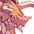 Pixelated close-up of a cartoon character's face with orange hair, purple accents, and one visible eye showing a white highlight.