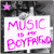 Two side-by-side frames of a pixelated image showing 'MUSIC IS MY BOYFRIEND' text on a white sign with pink lettering, each frame featuring a star in the top-left corner.