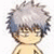 Pixelated anime-style character with spiky light gray hair, closed eyes, and a neutral expression against white background.