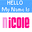 Animated contact sheet showing six frames of a pixel art buddy icon with text "HELLO My Name Is nicole" in blue and pink colors, where the letter 'i' alternates between white and light pink across frames.