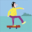 Animated sequence of a cartoon character in yellow sweater and purple pants performing skateboarding actions on a red board with blue wheels against light blue background.