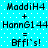 Pixelated text on cyan background with white dots, showing two identical mathematical-style equations. Each equation displays 'ModdiH4 + HannG144 = Bffl's!' in black blocky font.
