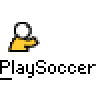 Animated contact sheet showing 9 frames of a yellow stick figure kicking soccer balls with white text "PlaySoccer" repeated below each frame on gray background.