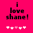 A bright pink background displays black text reading "i love shane!" with five pixelated hearts below, where the third heart is light pink and the rest are white.