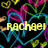 Pixelated icon with yellow text 'Rachael' over a black background, surrounded by colorful abstract shapes in pink, blue, green, and yellow.