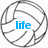 six volleyball-themed images with blue text overlays, showing a line drawing, solid ball, heart symbol, silhouettes, players in action, and a red-and-white emblem