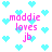 Pixelated icon with pink text 'maddie loves jb' over light blue hearts on white background, showing animation changes in heart positions and text visibility.