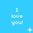 Blue background with repeated white text "I love you!" and scattered white pixelated symbols including plus signs, stars, and dots.