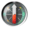 Animated compass icon with red and white needle rotating through multiple positions on a dark circular face with green and yellow markings.